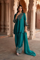 Jashn Bottle Green Embroidered Farshi Set, bottle green embroidered kurta with farshi and organza dupatta, image 2 of 13