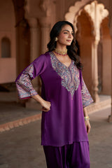 Jashn Wine Aari Embroidered Salwar Set, wine aari paisley embroidered kurta salwar with organza dupatta, image 10 of 12