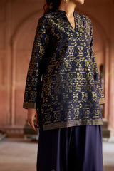 Jashn Navy Ikkat Brocade Salwar Set, navy ikkat brocade kurta with embroidered modal salwar, image 5 of 11