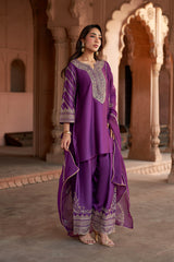 Jashn Wine Hand Embroidered Farshi Set, wine hand embroidered kurta with farshi and organza dupatta, image 2 of 13