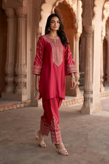 Jashn Rani Pink Zari Yoke Salwar Set, rani pink hand embroidered zari yoke kurta salwar with organza dupatta, image 5 of 12
