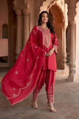 Jashn Rani Pink Zari Yoke Salwar Set, rani pink hand embroidered zari yoke kurta salwar with organza dupatta, image 7 of 12