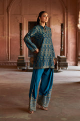 Jashn Teal Ikkat Brocade Farshi Set, teal ikkat brocade kurta with embroidered modal farshi, image 1 of 13