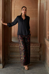 Jashn Black Brocade Co-ord Set, black satin shirt with peacock brocade wide-leg pants, image 3 of 6