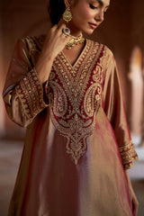 Jashn Gold Maroon Tissue Embroidered Farshi Set, gold maroon tissue kurta with modal farshi and organza dupatta, image 5 of 11