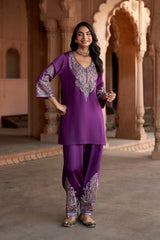 Jashn Wine Aari Embroidered Salwar Set, wine aari paisley embroidered kurta salwar with organza dupatta, image 7 of 12