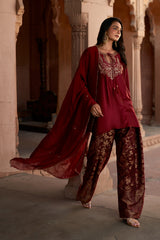 Jashn Maroon Embroidered Brocade Farshi Set, maroon embroidered kurta with brocade farshi and organza dupatta, image 12 of 12