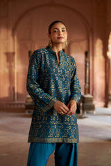 Jashn Teal Ikkat Brocade Farshi Set, teal ikkat brocade kurta with embroidered modal farshi, image 10 of 13