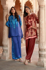 Jashn Indigo Paisley Printed Co-ord Set styled with Jashn Maroon Printed Salwar Set, indigo paisley print modal tunic with wide-leg pants