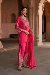 Jashn Hot Pink Aari Embroidered Salwar Set, hot pink aari paisley embroidered kurta salwar with organza dupatta, image 3 of 10
