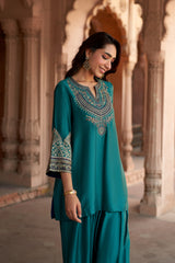 Jashn Bottle Green Embroidered Farshi Set, bottle green embroidered kurta with farshi and organza dupatta, image 7 of 13