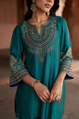 Jashn Bottle Green Embroidered Farshi Set, bottle green embroidered kurta with farshi and organza dupatta, image 8 of 13