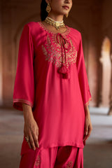 Jashn Hot Pink Embroidered Farshi Set, hot pink modal kurta with embroidered farshi and organza dupatta, image 3 of 10