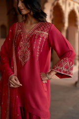 Jashn Rani Pink Orange Zari Farshi Set, rani pink kurta with orange zari embroidery, farshi and organza dupatta, image 8 of 12