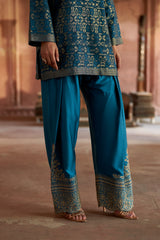 Jashn Teal Ikkat Brocade Farshi Set, teal ikkat brocade kurta with embroidered modal farshi, image 12 of 13