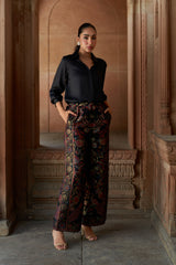 Jashn Black Brocade Co-ord Set, black satin shirt with peacock brocade wide-leg pants, image 1 of 6