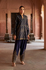Jashn Navy Ikkat Brocade Salwar Set, navy ikkat brocade kurta with embroidered modal salwar, image 1 of 11
