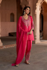 Jashn Hot Pink Aari Embroidered Salwar Set, hot pink aari paisley embroidered kurta salwar with organza dupatta, image 2 of 10