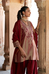 Jashn Gold Maroon Tissue Embroidered Farshi Set, gold maroon tissue kurta with modal farshi and organza dupatta, image 11 of 11