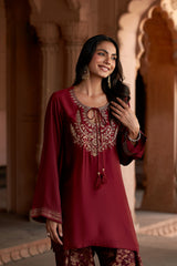 Jashn Maroon Embroidered Brocade Farshi Set, maroon embroidered kurta with brocade farshi and organza dupatta, image 2 of 12