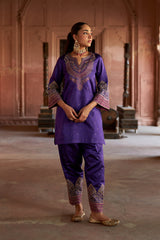 Jashn Purple Brocade Embroidered Salwar Set, purple brocade kurta salwar with embroidered patchwork and organza dupatta, image 5 of 9
