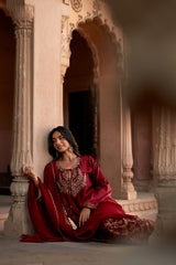 Jashn Maroon Embroidered Brocade Farshi Set, maroon embroidered kurta with brocade farshi and organza dupatta, image 11 of 12