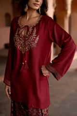 Jashn Maroon Embroidered Brocade Farshi Set, maroon embroidered kurta with brocade farshi and organza dupatta, image 4 of 12