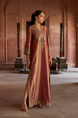 Jashn Maroon Tissue Embroidered Kaftan, maroon tissue kaftan with zari paisley embroidery, image 1 of 10