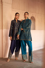Jashn Navy Ikkat Brocade Salwar Set styled with Jashn Teal Ikkat Brocade Farshi Set, navy ikkat brocade kurta with embroidered modal salwar