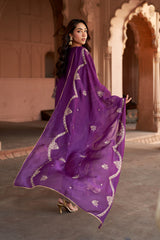 Jashn Wine Hand Embroidered Farshi Set, wine hand embroidered kurta with farshi and organza dupatta, image 10 of 13