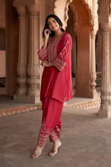 Jashn Rani Pink Zari Yoke Salwar Set, rani pink hand embroidered zari yoke kurta salwar with organza dupatta, image 6 of 12