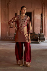 Jashn Gold Maroon Tissue Embroidered Farshi Set, gold maroon tissue kurta with modal farshi and organza dupatta, image 2 of 11