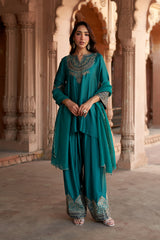 Jashn Bottle Green Embroidered Farshi Set, bottle green embroidered kurta with farshi and organza dupatta, image 4 of 13