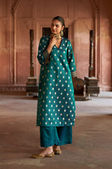 Jashn Teal Brocade Kurta Set, teal satin brocade kurta with striped brocade pants, image 6 of 7