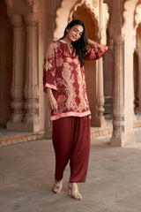 Jashn Maroon Printed Salwar Set, maroon paisley print modal kurta with solid salwar, image 1 of 12
