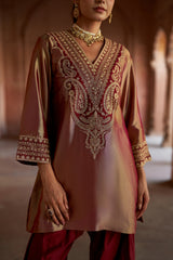 Jashn Gold Maroon Tissue Embroidered Farshi Set, gold maroon tissue kurta with modal farshi and organza dupatta, image 6 of 11