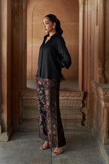 Jashn Black Brocade Co-ord Set, black satin shirt with peacock brocade wide-leg pants, image 4 of 6