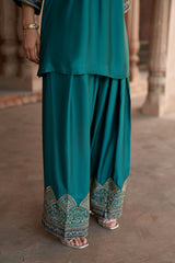 Jashn Bottle Green Embroidered Farshi Set, bottle green embroidered kurta with farshi and organza dupatta, image 10 of 13