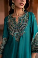 Jashn Bottle Green Embroidered Farshi Set, bottle green embroidered kurta with farshi and organza dupatta, image 9 of 13