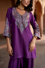 Jashn Wine Aari Embroidered Salwar Set, wine aari paisley embroidered kurta salwar with organza dupatta, image 11 of 12