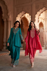 Jashn Rani Pink Zari Yoke Salwar Set styled with Jashn Bottle Green Embroidered Farshi Set, rani pink hand embroidered zari yoke kurta salwar with organza dupatta