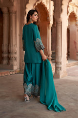 Jashn Bottle Green Embroidered Farshi Set, bottle green embroidered kurta with farshi and organza dupatta, image 5 of 13