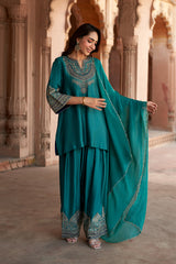 Jashn Bottle Green Embroidered Farshi Set, bottle green embroidered kurta with farshi and organza dupatta, image 1 of 13
