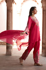 Jashn Hot Pink Aari Embroidered Salwar Set, hot pink aari paisley embroidered kurta salwar with organza dupatta, image 9 of 10