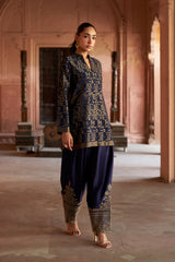 Jashn Navy Ikkat Brocade Salwar Set, navy ikkat brocade kurta with embroidered modal salwar, image 2 of 11