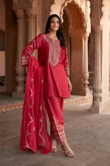 Jashn Rani Pink Zari Yoke Salwar Set, rani pink hand embroidered zari yoke kurta salwar with organza dupatta, image 1 of 12