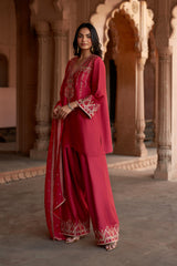 Jashn Rani Pink Orange Zari Farshi Set, rani pink kurta with orange zari embroidery, farshi and organza dupatta, image 10 of 12