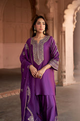 Jashn Wine Hand Embroidered Farshi Set, wine hand embroidered kurta with farshi and organza dupatta, image 9 of 13