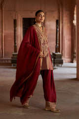 Jashn Gold Maroon Tissue Embroidered Farshi Set, gold maroon tissue kurta with modal farshi and organza dupatta, image 9 of 11