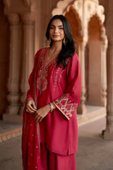Jashn Rani Pink Orange Zari Farshi Set, rani pink kurta with orange zari embroidery, farshi and organza dupatta, image 6 of 12